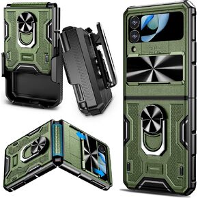 حافظة VEGO لهاتف Galaxy Z Flip 4 مع حافظة بمشبك حزام، ومسند مغناطيسي بحلقة 360 درجة وغطاء كاميرا منزلق وحماية للمفصلات، حافظة درع مقاومة للصدمات من الدرجة العسكرية لهاتف Samsung Galaxy Z Flip 4 5G - أخضر in Kuwait