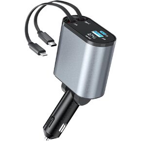 شاحن سيارة 4 في 1 قابل للسحب مع USB من النوع C وسلك iPhone Lightning ومنفذي شحن سريع، ولاعة سجائر بقدرة 66 وات لهاتف iPhone 15/14/13 Pro Max Plus Mini، وهواتف Samsung Galaxy in Kuwait