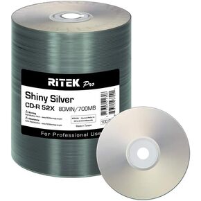 100 Pack Ritek Pro (Professional Grade) CD-R 52X 700MB Shiny Silver Lacquer Silk Screen Printable Blank Media Recordable Disc