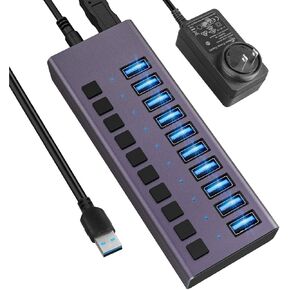 USB 3.0 Hub-10 منافذ USB تعمل بالطاقة USB Hub 60W USB Charging Hub مع مفاتيح تشغيل / إيقاف فردية ومحول طاقة 12V / 4A وإضاءة للكمبيوتر الشخصي والكمبيوتر المحمول والكمبيوتر المحمول HDD ومحرك الأقراص المحمول والمزيد (أرجواني) in Kuwait