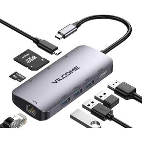 محول USB C Hub متعدد المنافذ، Vilcome 8 في 1 USB C Hub مع جيجابت إيثرنت، 4K HDMI، شحن PD 100 واط، منافذ بيانات USB 3.0 5 جيجابت في الثانية، قارئ بطاقة SD/TF، ​​لأجهزة الكمبيوتر المحمول MacBook Pro/Air HP Dell in Kuwait