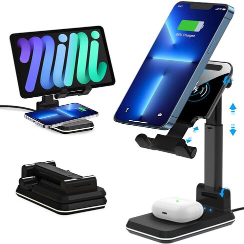 Dual 10W Wireless Charger, [Angle&Height Adjustable] Wireless Charging Desk Phone Holder Charger Stand, 2 in 1 Qi Fast Charging Dock for iPhone 15/14/13/12/11/MAX/XS,AirPods,Samsung Galaxy S21/S20/S10 in Kuwait