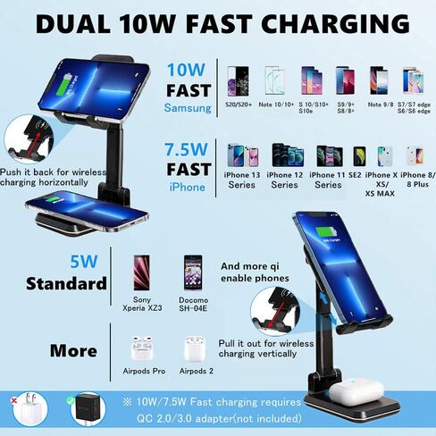 Dual 10W Wireless Charger, [Angle&Height Adjustable] Wireless Charging Desk Phone Holder Charger Stand, 2 in 1 Qi Fast Charging Dock for iPhone 15/14/13/12/11/MAX/XS,AirPods,Samsung Galaxy S21/S20/S10 in Kuwait