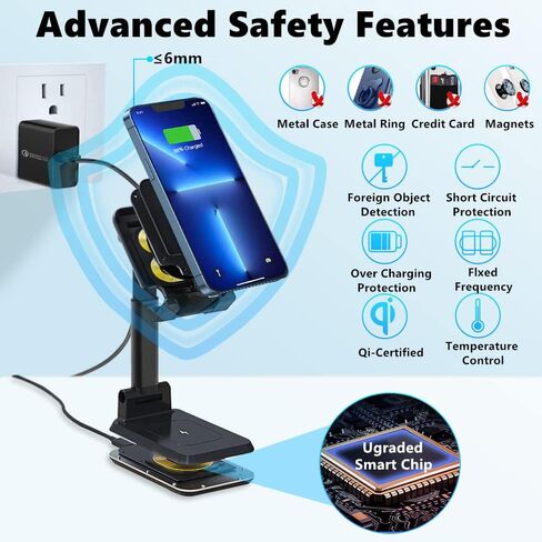 Dual 10W Wireless Charger, [Angle&Height Adjustable] Wireless Charging Desk Phone Holder Charger Stand, 2 in 1 Qi Fast Charging Dock for iPhone 15/14/13/12/11/MAX/XS,AirPods,Samsung Galaxy S21/S20/S10 in Kuwait