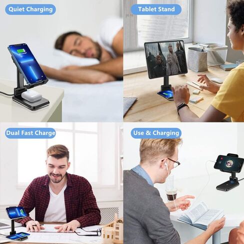 Dual 10W Wireless Charger, [Angle&Height Adjustable] Wireless Charging Desk Phone Holder Charger Stand, 2 in 1 Qi Fast Charging Dock for iPhone 15/14/13/12/11/MAX/XS,AirPods,Samsung Galaxy S21/S20/S10 in Kuwait