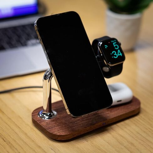 Eden Grove 3-in-1 Natural Wood Wireless MagSafe Compatible Magnetic Charger Stand Station for Apple iPhone 15/14/13/12, Plus, Mini, Pro, ProMax, Apple Watch AirPods, Fast Charging 15W in Kuwait