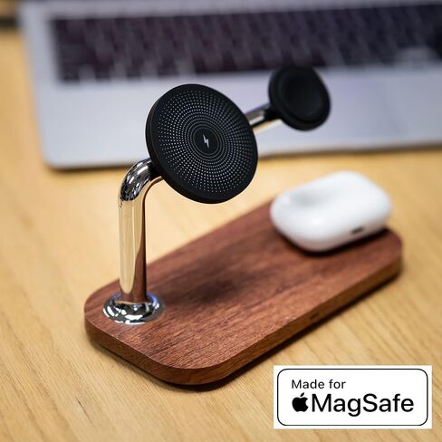 Eden Grove 3-in-1 Natural Wood Wireless MagSafe Compatible Magnetic Charger Stand Station for Apple iPhone 15/14/13/12, Plus, Mini, Pro, ProMax, Apple Watch AirPods, Fast Charging 15W in Kuwait