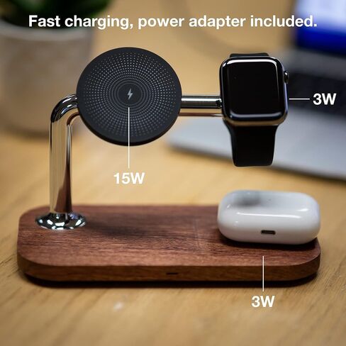 Eden Grove 3-in-1 Natural Wood Wireless MagSafe Compatible Magnetic Charger Stand Station for Apple iPhone 15/14/13/12, Plus, Mini, Pro, ProMax, Apple Watch AirPods, Fast Charging 15W in Kuwait
