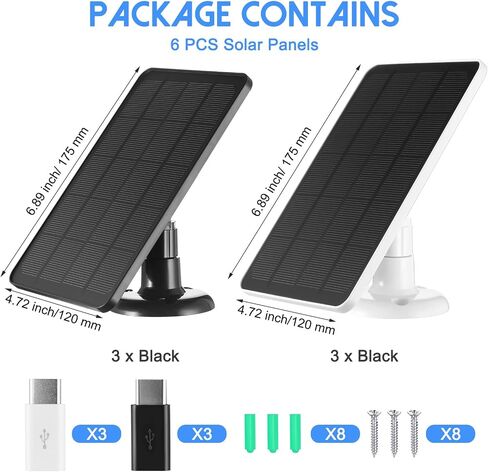 Kanayu 6 Pcs Camera Solar Panel with 9.8ft 5V 4W Charging Cable, 360° Adjustable Mount, Weatherproof Solar Panel Compatible with DC, Camera, Type C, Micro USB Adapter in Saudi Arabia