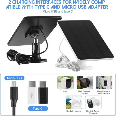 Kanayu 6 Pcs Camera Solar Panel with 9.8ft 5V 4W Charging Cable, 360° Adjustable Mount, Weatherproof Solar Panel Compatible with DC, Camera, Type C, Micro USB Adapter in Saudi Arabia