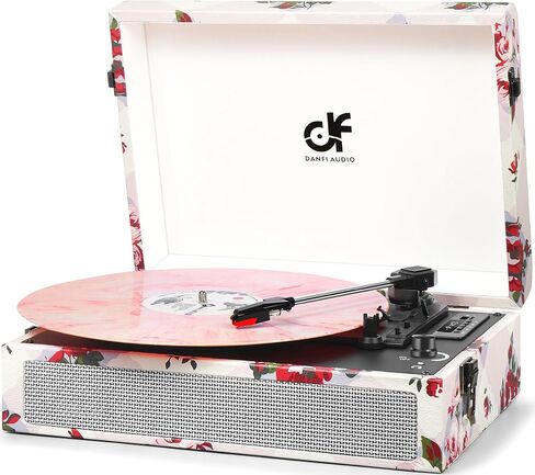 Record Player with Built-in 2 Speakers, Vintage 3-Speed Portable Bluetooth Suitcase Vinyl Player with USB SD Recording, MP3 Converter, RCA/AUX/Headphone Jacks,Turntable Pink Floral in Saudi Arabia