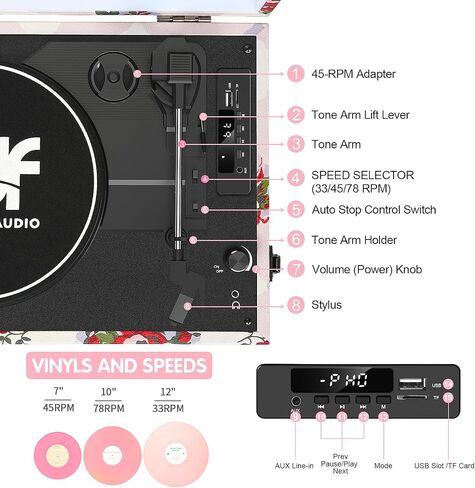 Record Player with Built-in 2 Speakers, Vintage 3-Speed Portable Bluetooth Suitcase Vinyl Player with USB SD Recording, MP3 Converter, RCA/AUX/Headphone Jacks,Turntable Pink Floral in Saudi Arabia