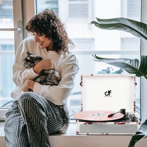 Record Player with Built-in 2 Speakers, Vintage 3-Speed Portable Bluetooth Suitcase Vinyl Player with USB SD Recording, MP3 Converter, RCA/AUX/Headphone Jacks,Turntable Pink Floral in Saudi Arabia