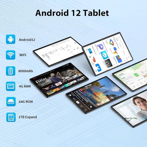 تابلت أندرويد، 10.1 بوصة أندرويد 12 مع بطارية 8000 مللي أمبير، 4 جيجابايت رام 64 جيجابايت روم، 1 تيرابايت توسيع، معتمد من Google GMS، شاشة عالية الدقة، كاميرا مزدوجة، واي فاي، بلوتوث in Kuwait