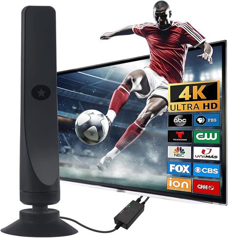 هوائي التلفزيون HD هوائي التلفزيون الرقمي طويل المدى 450+ ميل، يدعم استقبال 360 درجة 8K 4K 1080p للتلفزيون الذكي، معزز إشارة مكبر الصوت للقنوات المحلية - كابل Coax HDTV بطول 16.4 قدم 2023 مطور in Kuwait