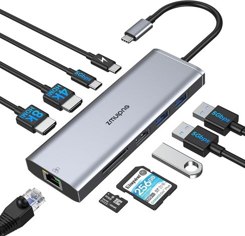 محطة إرساء USB C شاشة مزدوجة لأجهزة الكمبيوتر المحمول Dell/HP، شاشة مزدوجة 4K أحادية 8K@30 هرتز/4K@120 هرتز، محول USB C متعدد 10 في 1 مع 2 HDMI+Ethernet+2USB3.0+USB C+USB2.0+ PD + SD/TF لينوفو/السطح in Kuwait