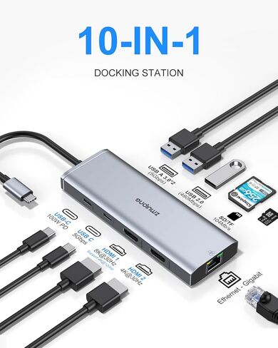 محطة إرساء USB C شاشة مزدوجة لأجهزة الكمبيوتر المحمول Dell/HP، شاشة مزدوجة 4K أحادية 8K@30 هرتز/4K@120 هرتز، محول USB C متعدد 10 في 1 مع 2 HDMI+Ethernet+2USB3.0+USB C+USB2.0+ PD + SD/TF لينوفو/السطح in Kuwait