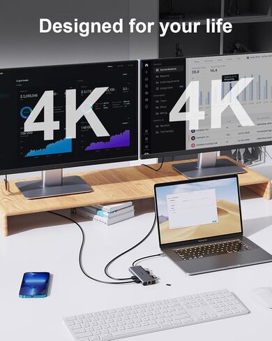 محطة إرساء USB C شاشة مزدوجة لأجهزة الكمبيوتر المحمول Dell/HP، شاشة مزدوجة 4K أحادية 8K@30 هرتز/4K@120 هرتز، محول USB C متعدد 10 في 1 مع 2 HDMI+Ethernet+2USB3.0+USB C+USB2.0+ PD + SD/TF لينوفو/السطح in Kuwait