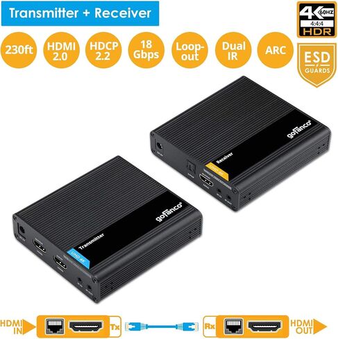 gofanco 4K HDMI Extender Balun Over CAT6/7 Ethernet Cable – Cascadable (10 RXs), Loopout on TX, 230ft (70m) at 4K @60Hz, HDR, 18Gbps, HDCP 2.2, Dual IR, Toslink Audio, Low Latency (HD20Ext-Cas) in Kuwait