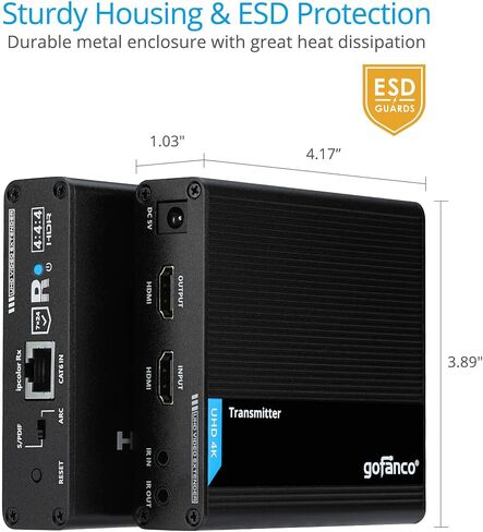 gofanco 4K HDMI Extender Balun Over CAT6/7 Ethernet Cable – Cascadable (10 RXs), Loopout on TX, 230ft (70m) at 4K @60Hz, HDR, 18Gbps, HDCP 2.2, Dual IR, Toslink Audio, Low Latency (HD20Ext-Cas) in Kuwait
