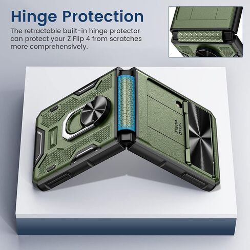 VEGO for Galaxy Z Flip 4 Case with Belt Clip Holster, 360°Ring Magnetic Kickstand & Slide Camera Cover & Hinge Protection, Military Grade Shockproof Armor Cover - Green in Saudi Arabia