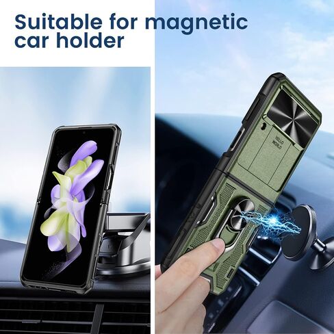 VEGO for Galaxy Z Flip 4 Case with Belt Clip Holster, 360°Ring Magnetic Kickstand & Slide Camera Cover & Hinge Protection, Military Grade Shockproof Armor Cover - Green in Saudi Arabia