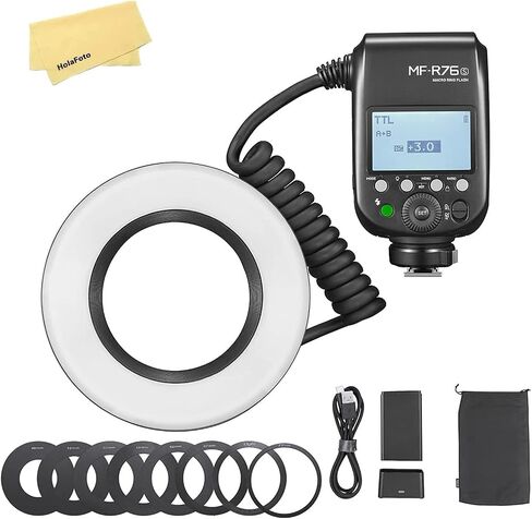 Godox MF-R76S TTL LED Micro Ring Flash، CCT 5900K 550 كامل الطاقة، 76Ws HSS 2.4G 0.1-1s وقت إعادة التدوير أنابيب فلاش مزدوجة Speedlight وحلقات محول شاشة LCD لسوني Caremas in Saudi Arabia