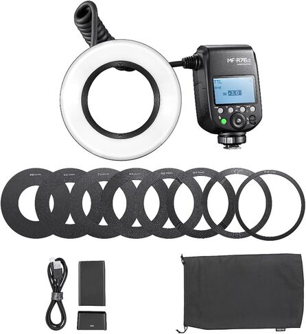 Godox MF-R76S TTL LED Micro Ring Flash، CCT 5900K 550 كامل الطاقة، 76Ws HSS 2.4G 0.1-1s وقت إعادة التدوير أنابيب فلاش مزدوجة Speedlight وحلقات محول شاشة LCD لسوني Caremas in Saudi Arabia