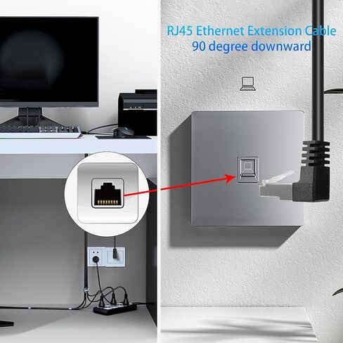 كابل إيثرنت GELRHONR بزاوية أعلى CAT5e/5، 90 درجة RJ45 ذكر إلى أنثى لوحة تركيب CAT5 سلك موسع شبكة LAN محمية للمكتب والجدار ولوحة الهيكل أسود - 2M in Kuwait