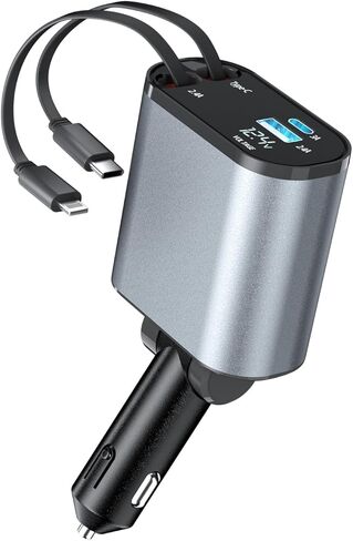 شاحن سيارة 4 في 1 قابل للسحب مع USB من النوع C وسلك iPhone Lightning ومنفذي شحن سريع، ولاعة سجائر بقدرة 66 وات لهاتف iPhone 15/14/13 Pro Max Plus Mini، وهواتف Samsung Galaxy in Kuwait
