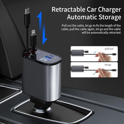 شاحن سيارة 4 في 1 قابل للسحب مع USB من النوع C وسلك iPhone Lightning ومنفذي شحن سريع، ولاعة سجائر بقدرة 66 وات لهاتف iPhone 15/14/13 Pro Max Plus Mini، وهواتف Samsung Galaxy in Kuwait