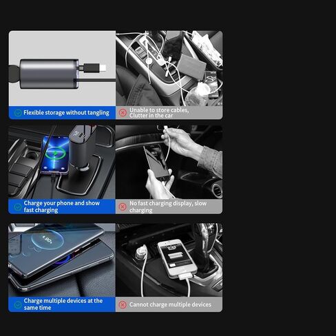 شاحن سيارة 4 في 1 قابل للسحب مع USB من النوع C وسلك iPhone Lightning ومنفذي شحن سريع، ولاعة سجائر بقدرة 66 وات لهاتف iPhone 15/14/13 Pro Max Plus Mini، وهواتف Samsung Galaxy in Kuwait