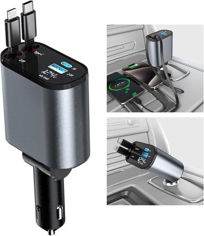 شاحن سيارة 4 في 1 قابل للسحب مع USB من النوع C وسلك iPhone Lightning ومنفذي شحن سريع، ولاعة سجائر بقدرة 66 وات لهاتف iPhone 15/14/13 Pro Max Plus Mini، وهواتف Samsung Galaxy in Kuwait