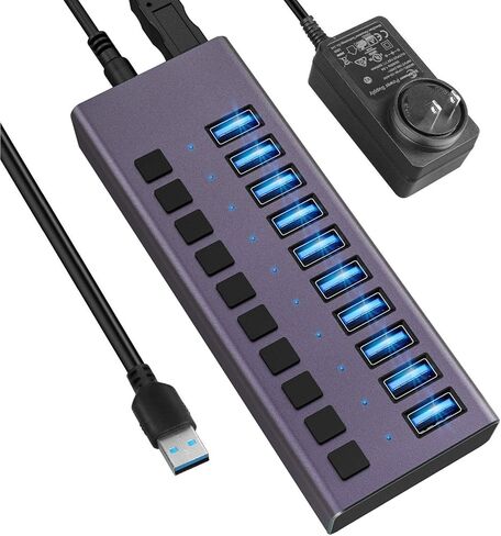 USB 3.0 Hub-10 منافذ USB تعمل بالطاقة USB Hub 60W USB Charging Hub مع مفاتيح تشغيل / إيقاف فردية ومحول طاقة 12V / 4A وإضاءة للكمبيوتر الشخصي والكمبيوتر المحمول والكمبيوتر المحمول HDD ومحرك الأقراص المحمول والمزيد (أرجواني) in Kuwait