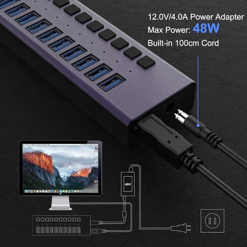 USB 3.0 Hub-10 منافذ USB تعمل بالطاقة USB Hub 60W USB Charging Hub مع مفاتيح تشغيل / إيقاف فردية ومحول طاقة 12V / 4A وإضاءة للكمبيوتر الشخصي والكمبيوتر المحمول والكمبيوتر المحمول HDD ومحرك الأقراص المحمول والمزيد (أرجواني) in Kuwait