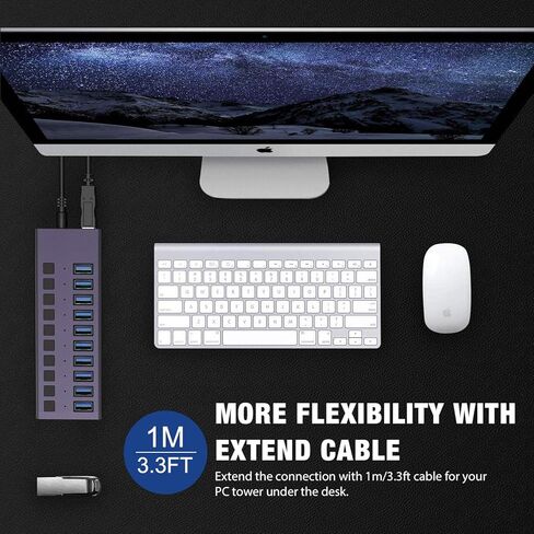 USB 3.0 Hub-10 منافذ USB تعمل بالطاقة USB Hub 60W USB Charging Hub مع مفاتيح تشغيل / إيقاف فردية ومحول طاقة 12V / 4A وإضاءة للكمبيوتر الشخصي والكمبيوتر المحمول والكمبيوتر المحمول HDD ومحرك الأقراص المحمول والمزيد (أرجواني) in Kuwait