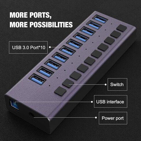 USB 3.0 Hub-10 منافذ USB تعمل بالطاقة USB Hub 60W USB Charging Hub مع مفاتيح تشغيل / إيقاف فردية ومحول طاقة 12V / 4A وإضاءة للكمبيوتر الشخصي والكمبيوتر المحمول والكمبيوتر المحمول HDD ومحرك الأقراص المحمول والمزيد (أرجواني) in Kuwait