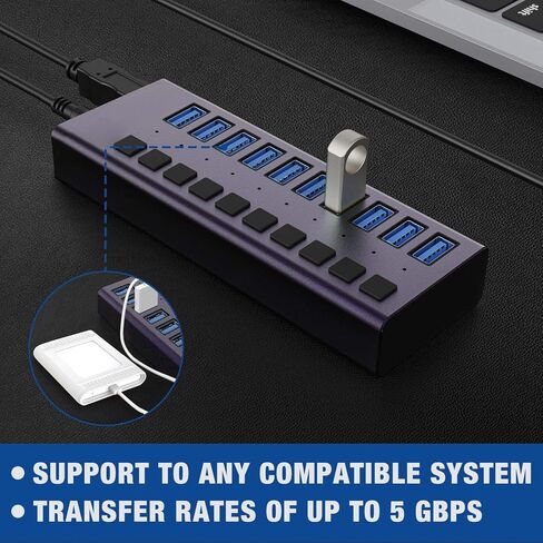 USB 3.0 Hub-10 منافذ USB تعمل بالطاقة USB Hub 60W USB Charging Hub مع مفاتيح تشغيل / إيقاف فردية ومحول طاقة 12V / 4A وإضاءة للكمبيوتر الشخصي والكمبيوتر المحمول والكمبيوتر المحمول HDD ومحرك الأقراص المحمول والمزيد (أرجواني) in Kuwait