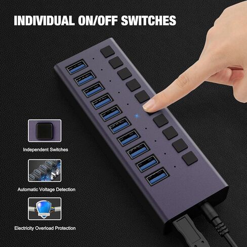 USB 3.0 Hub-10 منافذ USB تعمل بالطاقة USB Hub 60W USB Charging Hub مع مفاتيح تشغيل / إيقاف فردية ومحول طاقة 12V / 4A وإضاءة للكمبيوتر الشخصي والكمبيوتر المحمول والكمبيوتر المحمول HDD ومحرك الأقراص المحمول والمزيد (أرجواني) in Kuwait