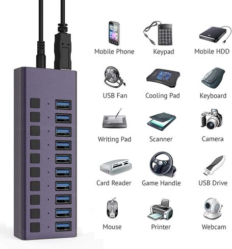 USB 3.0 Hub-10 منافذ USB تعمل بالطاقة USB Hub 60W USB Charging Hub مع مفاتيح تشغيل / إيقاف فردية ومحول طاقة 12V / 4A وإضاءة للكمبيوتر الشخصي والكمبيوتر المحمول والكمبيوتر المحمول HDD ومحرك الأقراص المحمول والمزيد (أرجواني) in Kuwait