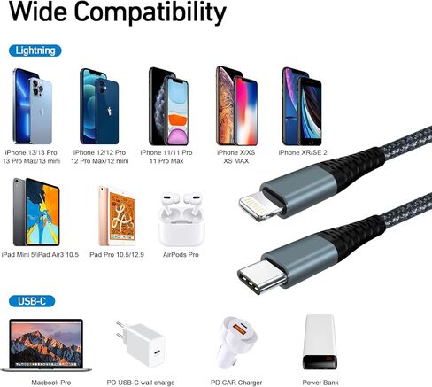 كابل USB C إلى Lightning بطول 10 أقدام، قطعتين، [معتمد من Apple MFi] كابل شاحن سريع من النايلون المضفر من النوع C إلى سلك iPhone كابل شاحن سريع من النايلون المضفر من النوع C إلى سلك iPhone متوافق in Kuwait