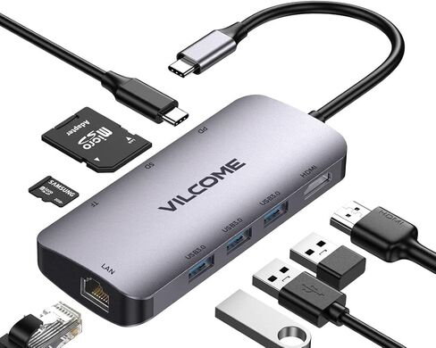 محول USB C Hub متعدد المنافذ، Vilcome 8 في 1 USB C Hub مع جيجابت إيثرنت، 4K HDMI، شحن PD 100 واط، منافذ بيانات USB 3.0 5 جيجابت في الثانية، قارئ بطاقة SD/TF، ​​لأجهزة الكمبيوتر المحمول MacBook Pro/Air HP Dell in Kuwait