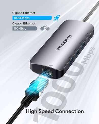 محول USB C Hub متعدد المنافذ، Vilcome 8 في 1 USB C Hub مع جيجابت إيثرنت، 4K HDMI، شحن PD 100 واط، منافذ بيانات USB 3.0 5 جيجابت في الثانية، قارئ بطاقة SD/TF، ​​لأجهزة الكمبيوتر المحمول MacBook Pro/Air HP Dell in Kuwait