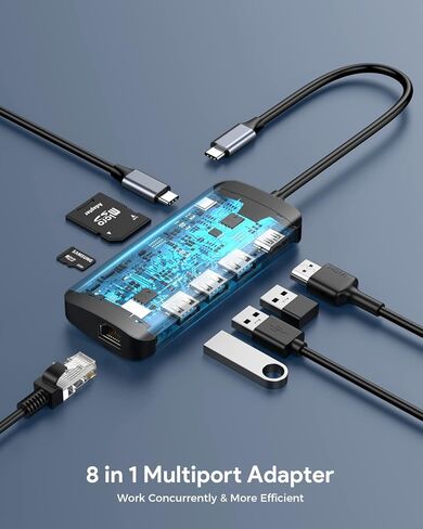 محول USB C Hub متعدد المنافذ، Vilcome 8 في 1 USB C Hub مع جيجابت إيثرنت، 4K HDMI، شحن PD 100 واط، منافذ بيانات USB 3.0 5 جيجابت في الثانية، قارئ بطاقة SD/TF، ​​لأجهزة الكمبيوتر المحمول MacBook Pro/Air HP Dell in Kuwait