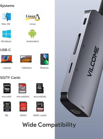 محول USB C Hub متعدد المنافذ، Vilcome 8 في 1 USB C Hub مع جيجابت إيثرنت، 4K HDMI، شحن PD 100 واط، منافذ بيانات USB 3.0 5 جيجابت في الثانية، قارئ بطاقة SD/TF، ​​لأجهزة الكمبيوتر المحمول MacBook Pro/Air HP Dell in Kuwait
