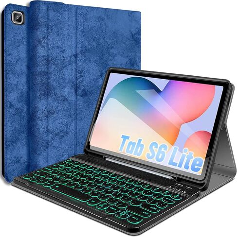 حافظة لوحة مفاتيح بإضاءة خلفية من Wineecy لجهاز Samsung Galaxy Tab S6 Lite مقاس 10.4 بوصة موديل 2022/2020 (SM-P610/P613/P615/P619)، لوحة مفاتيح لاسلكية قابلة للفصل بإضاءة خلفية بـ 7 ألوان وغطاء حامل قابل للطي من البولي يوريثان، أزرق in Kuwait