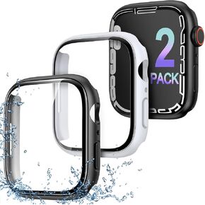 حافظة منحنية ثلاثية الأبعاد لساعة Apple Watch Series 7، واقي شاشة من الزجاج المقوى 41 ملم iWatch غطاء كامل للوجه ملحقات الساعة الذكية (أسود + أبيض) in Kuwait