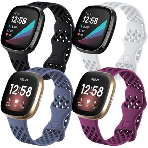 Maledan Sport Bands Compatible with Fitbit Versa 3 Bands for Women Men, 4 Pack Breathable Wrist Band Replacement for Fitbit Versa 4/Versa 3/Sense 2/Sense Smart Watch, Small Black Pink White Lavender