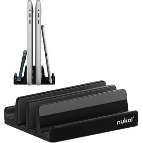 Vertical Laptop Stand - SPACEMax Adjustable GRIPLock Anti-Tip Silicone 4 Slots Aluminum Desktop Holder - Double Dock Stand - 2 Phone Slots Fits Up to 17.3" Laptops, Tablets, Phones - Black