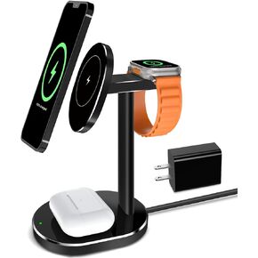 Aluminum Alloy for MagSafe Charger, 3 in 1 Wireless Charging Station for Apple Devices, 20W Fast Magnetic MagSafe Charger Stand for iPhone 15 14 13 12 Series Apple Watch Airpods